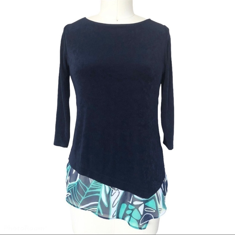 Chico's Travelers Slinky Midnight Blue Flounced Chiffon Hem Uneven Tunic Top 2 L